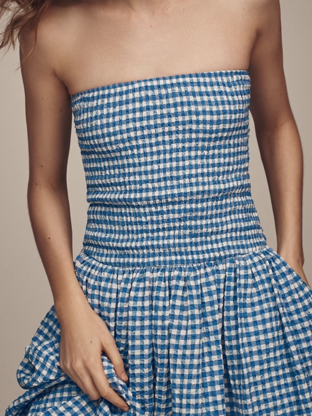 NWT Anthropologie Maeve Strapless Smocked Midi Dress in Blue Gingham Plaid Print - Picture 4 of 5